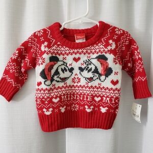 3/6Mo Disney Red White Holiday Christmas Sweater w/ Mickey & Minnie Mouse
